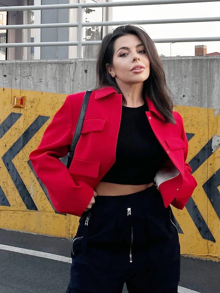 

HH TRAF Women's Autumn Casual Lapel Crop Jackets Female Fashion Long Sleeve Button Down Loose Red Coats Women Y2K Chic Outerwear