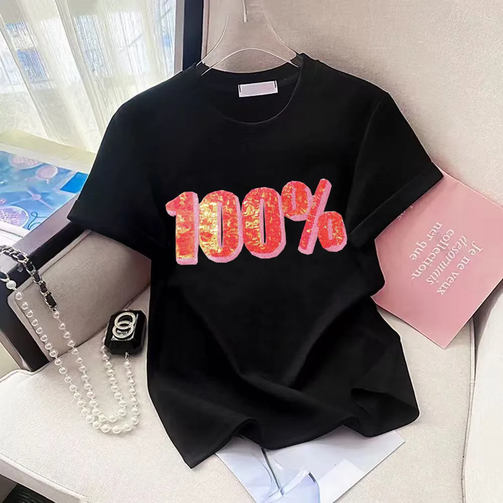 Cute Confidence Embroidery T Shirts Korean Brand High Quality Cotton Short Sleeve Kawaii Clothes Fashion Ladies Crystal Casual
