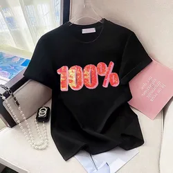 Cute Confidence Embroidery T Shirts Korean Brand High Quality Cotton Short Sleeve Kawaii Clothes Fashion Ladies Crystal Casual