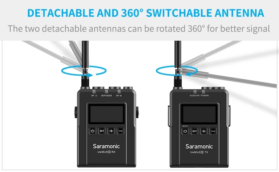 ชุดไมโครโฟนไร้สาย Saramonic UwMic9S Kit2 Mini UHF แบบสองช่องสัญญาณ พร้อมจอแสดงผล OLED ระบบโมโน/สเตอริโอ พร้อมระบบมอนิเตอร์หูฟัง