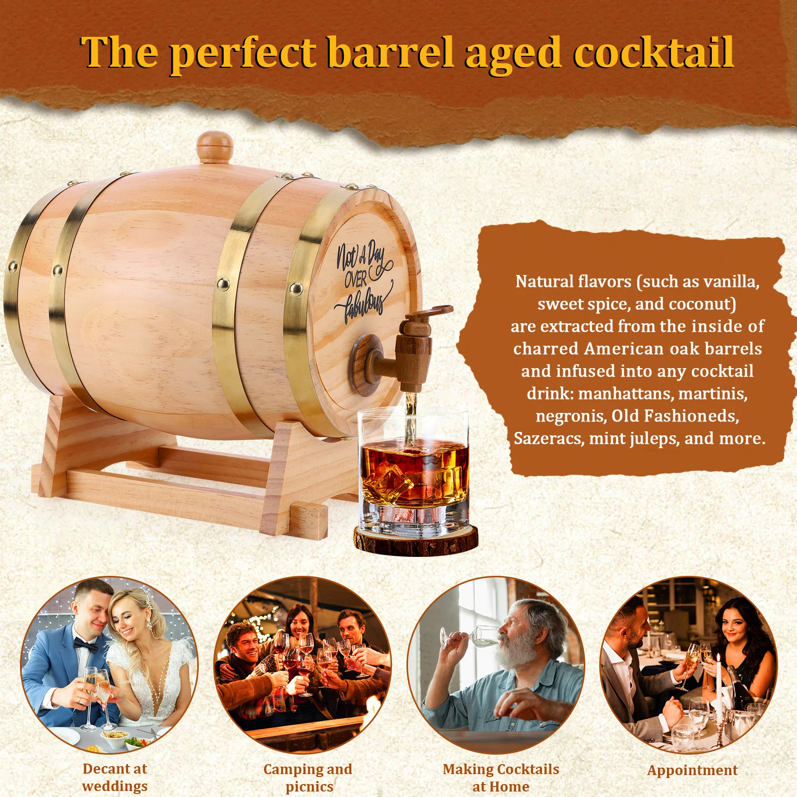 

3L Engraved Whiskey Barrel with Stand and Spigot Wooden Whiskey Barrel Dispenser for Cocktails Bourbon Rum Beer Storage Bucket