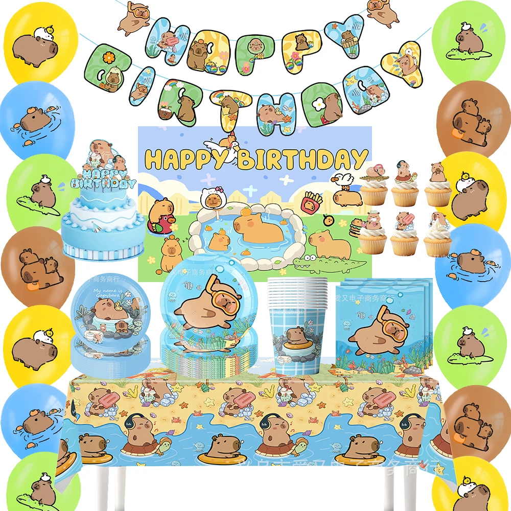 10 Person Capybara Party Decoration Set Anime Birthday Party Decorations for Tableware Backdrop Banner Cake Topper Dinner Plate