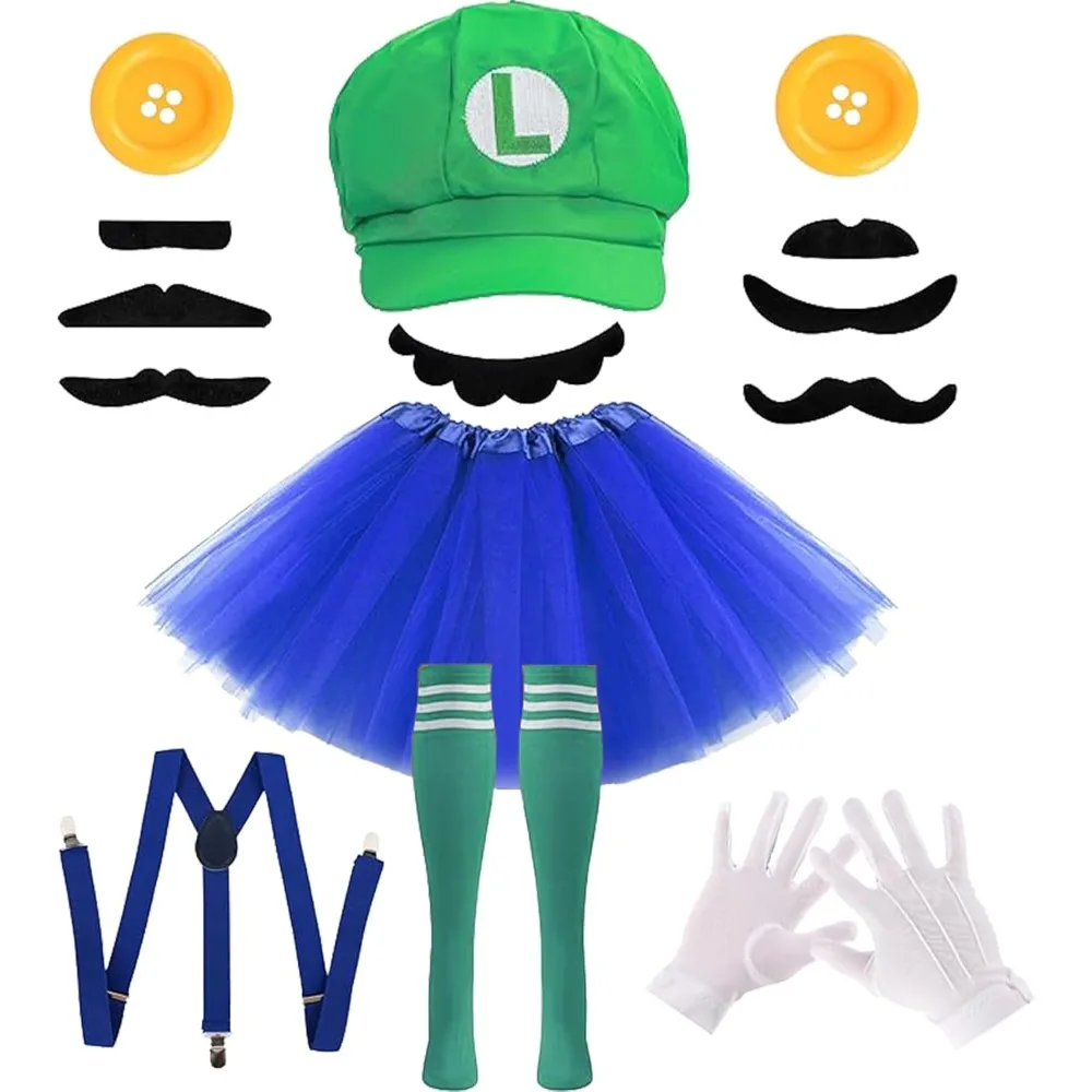 

Halloween Super Cosplay Plumber Costumes Red Green Bros Accessories Set for Women Party Hat Gloves Buttons Adults