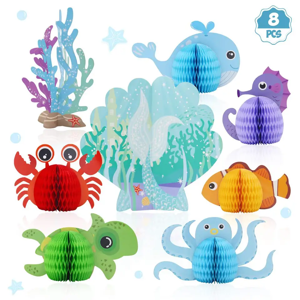 12 Pièces Animal Marin Pièce Maîtresse en Nid d'Abeille Créature Marine Nid d'Abeille Décoration du Thème de l'Océan Poisson en Nid d'Abeille Sirène en Nid d'Abeille pour Anniversaire Baby Shower