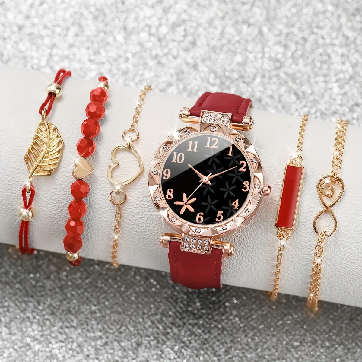 6 Pcs Red Quartz Watches PU Leather Strap Zinc Alloy Pointer And Bracelet Jewelry For Women Not Contain Watch Box