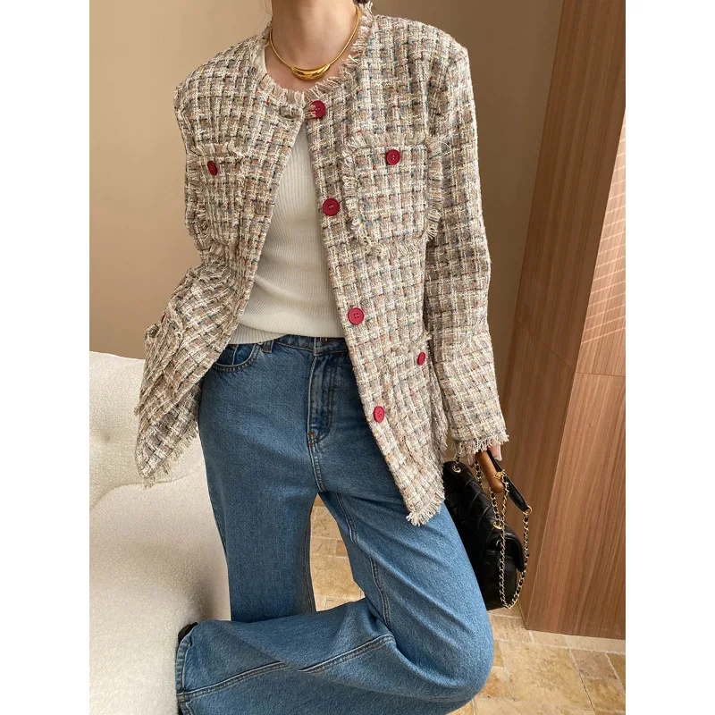 Red Button Long Tweed Jacket Spring Fall Tassel Trim Coat for Women