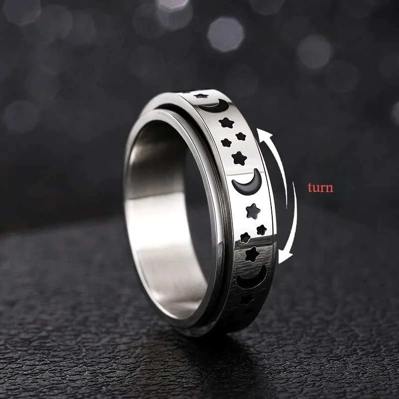 Fashionable rotating ring for men and women, neutral star and moon style jewelry