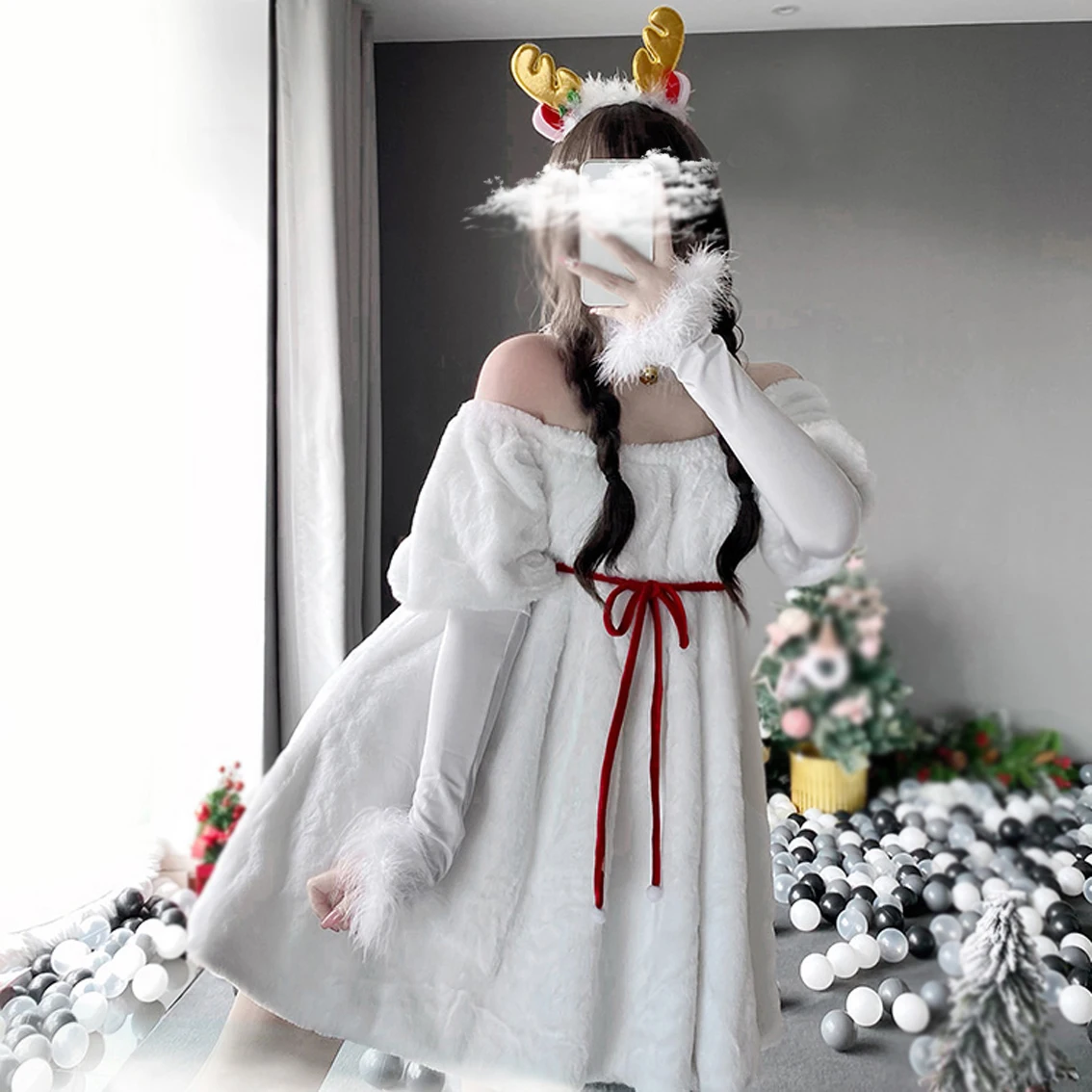 2022 Women Christmas Xmas Lady Santa Claus Halloween Cosplay Exotic Costume Off-Shoulder White Winter Long Sleeve Dress