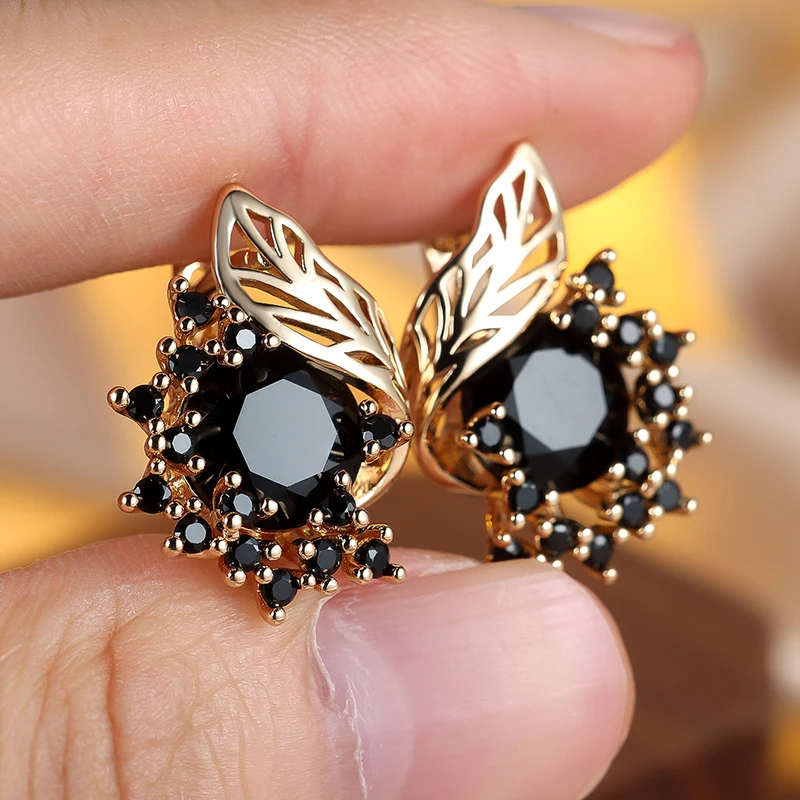 Gothic Black Flower Clip Earrings for Women Girls 14K Gold Plated Cubic Zironia Small Hoop Earrings Anniversary Jewelry Gift