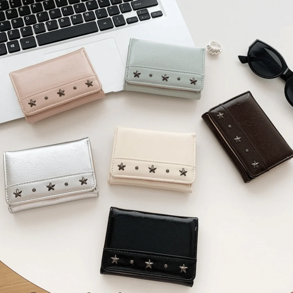 PU Star Rivet Trifold Wallet Compact Size Multiple Slots Card Holder Large Capacity Ultra Thin Coin Pocket Daily Use