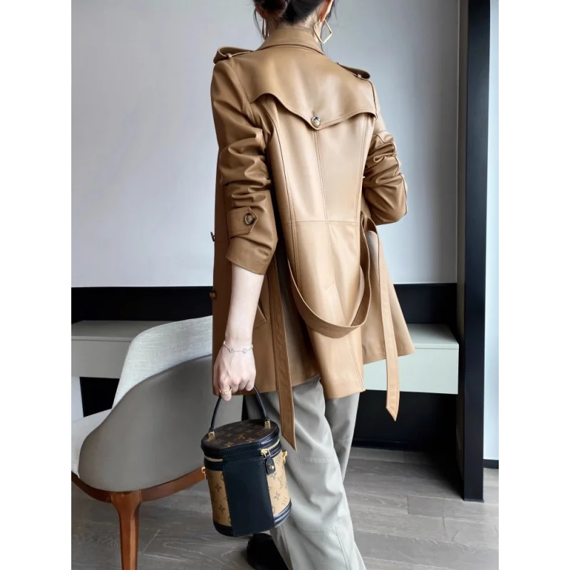 Giacca da donna in vera pelle, capispalla alla moda, vita media, cintura, trench in pelle di pecora, primavera e autunno