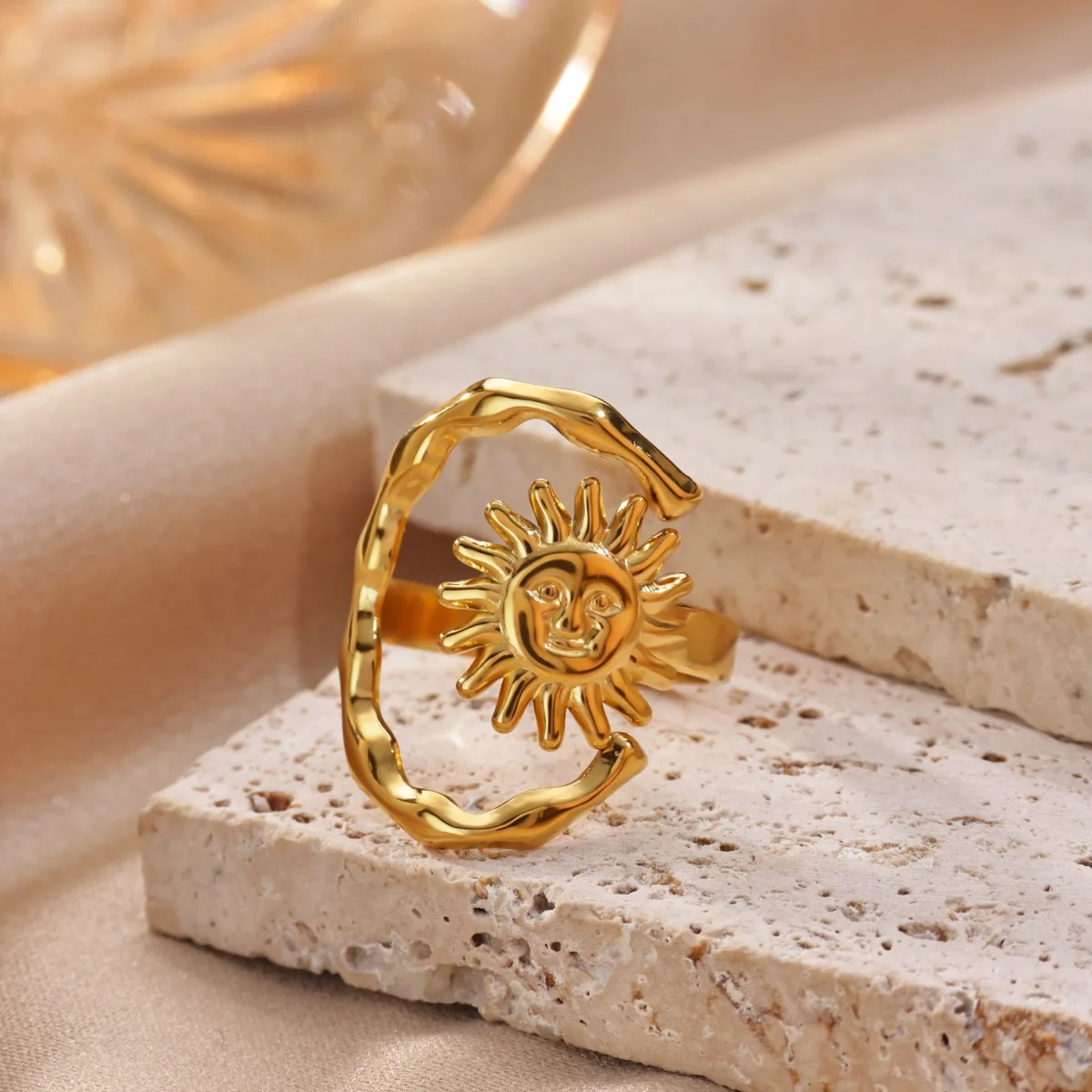 Mond-Sonnen-Ringe für Frauen 18K Vergoldeter Edelstahlring Trend 2026 Trend Weißer Emaille-Statement-Schmuck Kostenloser Versand