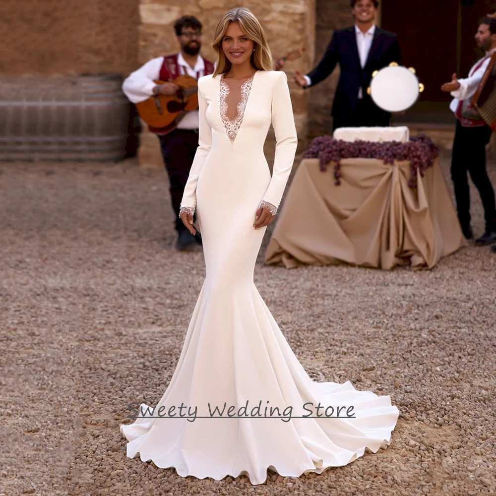 Vestido de Noiva Simples Estilo Sereia Personalizado com Mangas Longas Decote em V Renda Cauda de Sereia para Mulheres