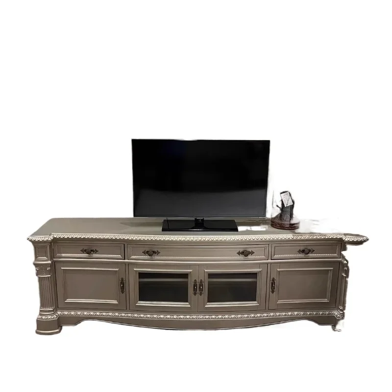 

American French solid wood carved TV cabinet European living room retro storage low cabinet