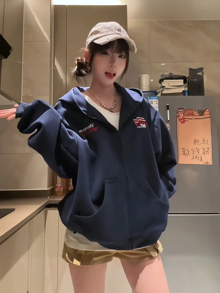 Schwere bestickte Kapuzen-Opencardigan-Sweatshirt Damen Frühling Herbst Sport Reißverschluss Jaet Street Sle Retro American Trendy