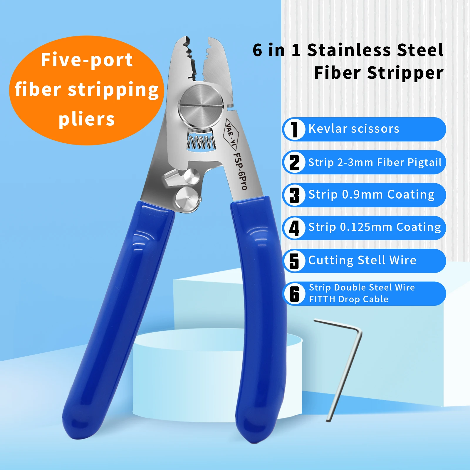 

VAEYI 6 in 1 Five-port Fiber Optical Stripper Pliers Wire Strippers for FTTH Tools Optic Stripping Plier Tool