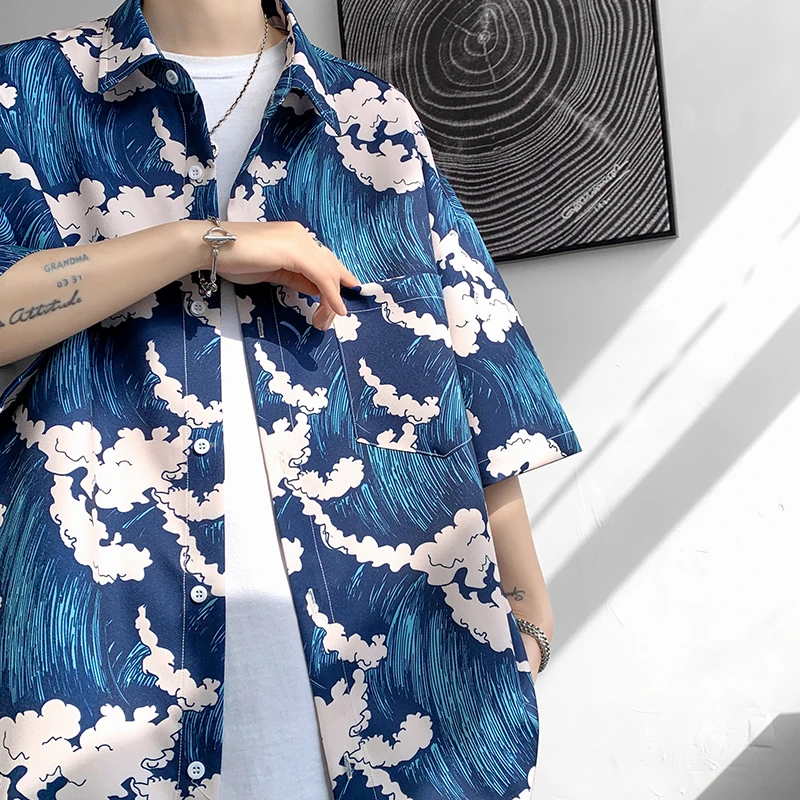 Hawaiian Flower Shirt Men's Summer Ice Silk Thin Loose Short sleeve Shirt Couple Fashion Brand Pu Shuai Casual Outerwear