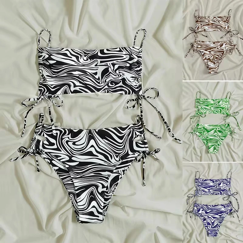 

Spaghetti Straps Bandeau High Waist Summer Bikini Irregular Striped Print Side Lace-up Lady Swimsuit Beachwear