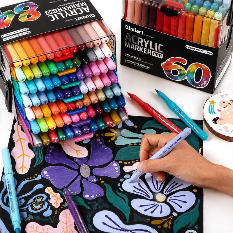 36/60/84‑color Acrylic Markers: vibrant, high‑coverage, water‑resistant. Portable pull‑out case for multi‑surfaces.