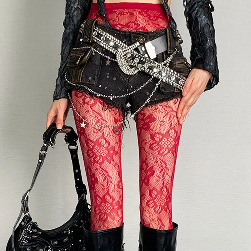 New Vintage Shibuya Y2K Punk Fishnet Tights, Lake Blue Floral Print Pantyhose, Aesthetic Subculture Stockings for Women