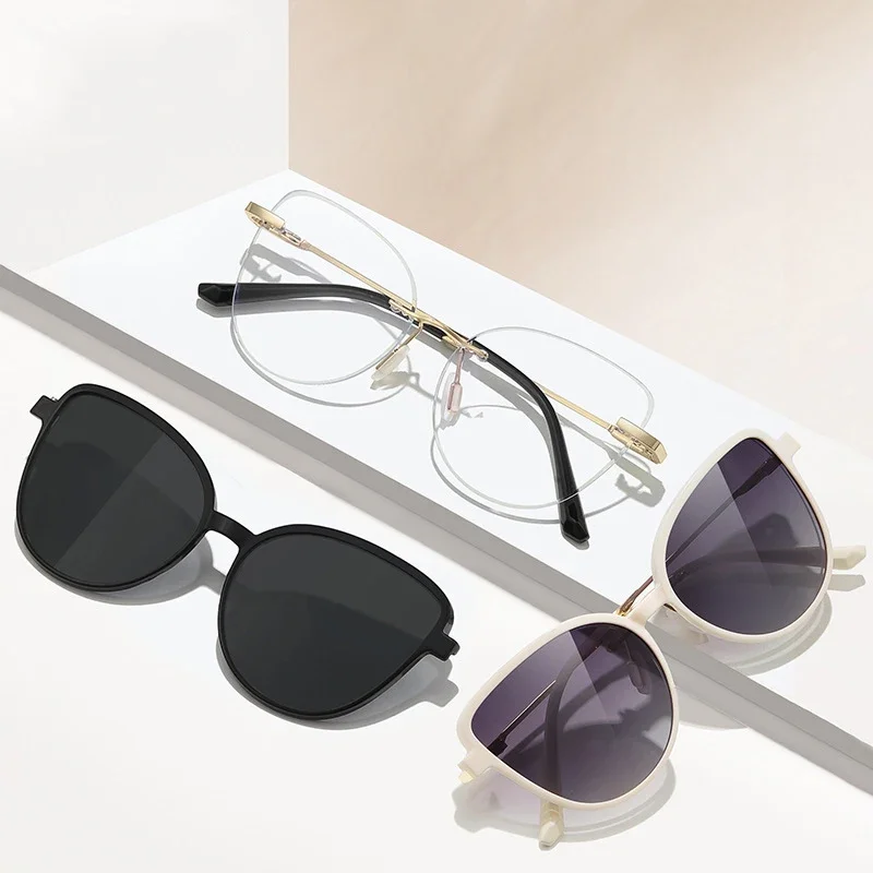 

KIZN Rimless Frame 2 in 1 Fashion Magnetic Clip Polarized Women Custom Optics Myopia Sunglasses Prescription Glasses -0.50 to -1