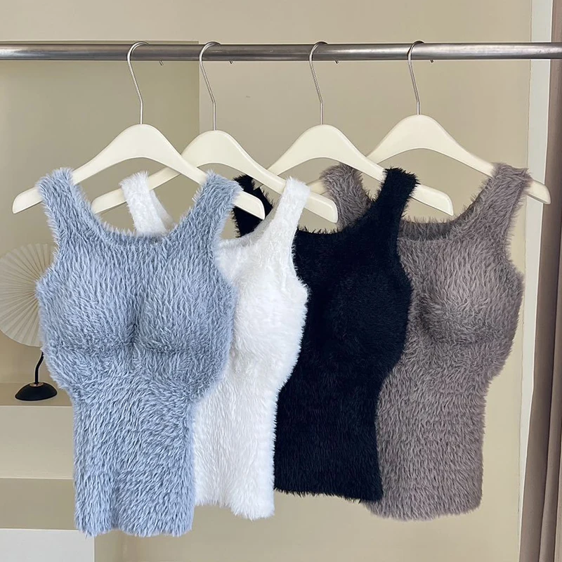 Autumn Winter Plush Warm Wool Tank Tops Bottom Imitation Cashmere Girls Thermal Underwear Thicken Fleece Camisole Bra Pads