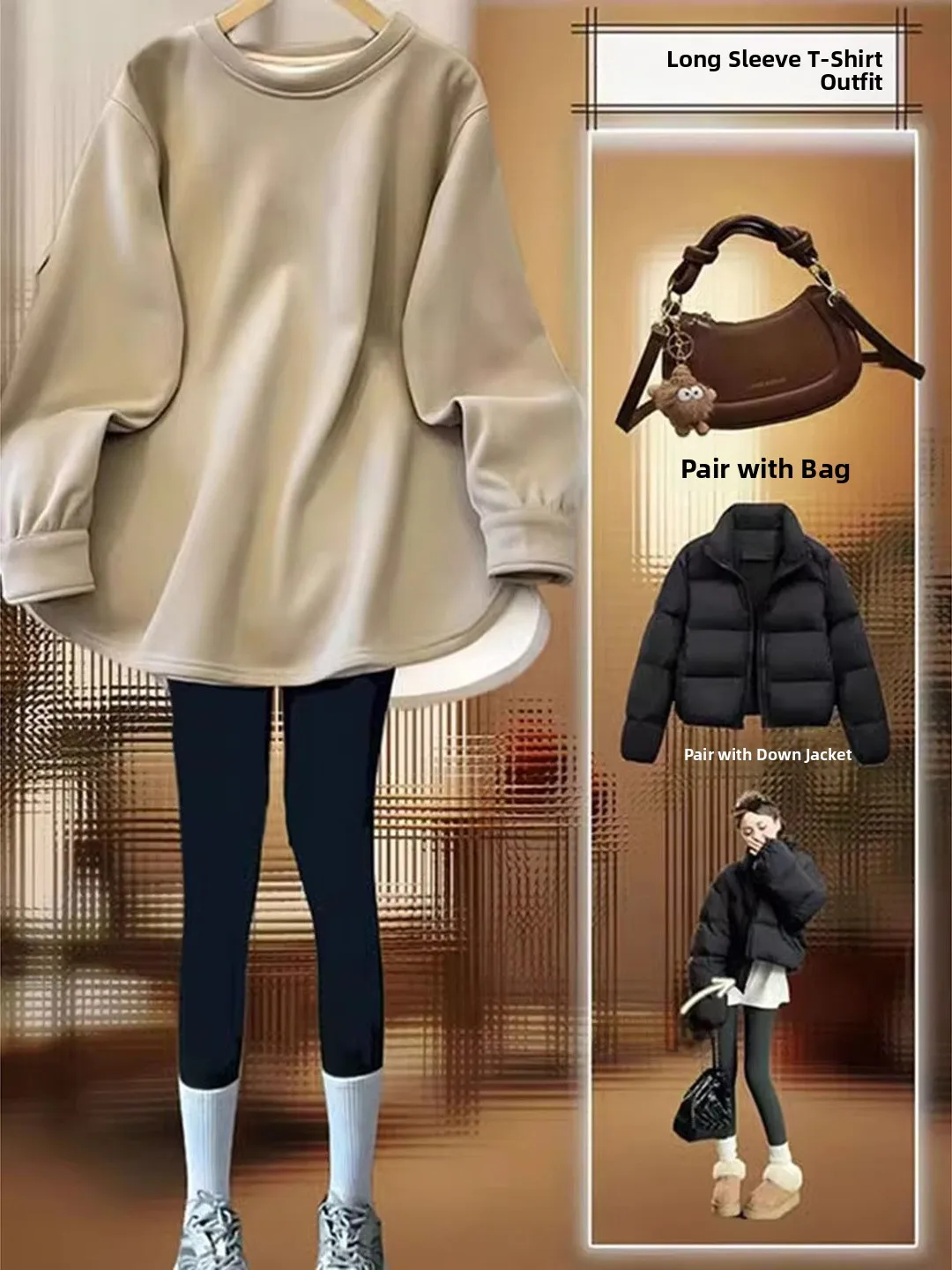 Retro American Lazy round Neck Long Sleeve T-Shirt Women's Autumn Winter New Loose Versatile Butt Covering Shark Pants Top