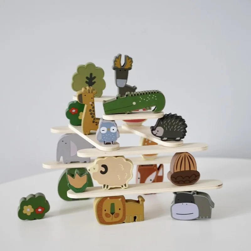 Lohas Wooden Animal Stacking Balancing Blocks Hand Eye Coordination Concentration Training Educational Toy Family Tabletop Game
