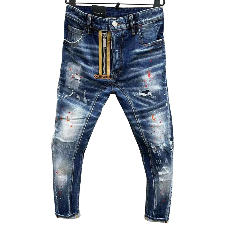 chareiharper dsq T82 Men`s jeans quadratic slim cotton elastic light color printing laser process Tear Process Italian pants