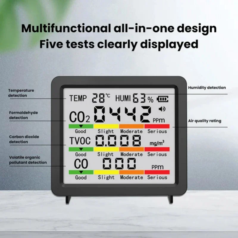 5-in-1 Air Quality Detector CO2 Tester HCHO TVOC Formaldehyde Carbon Dioxide Monitor Temperature Humidity Meter Type C Interface