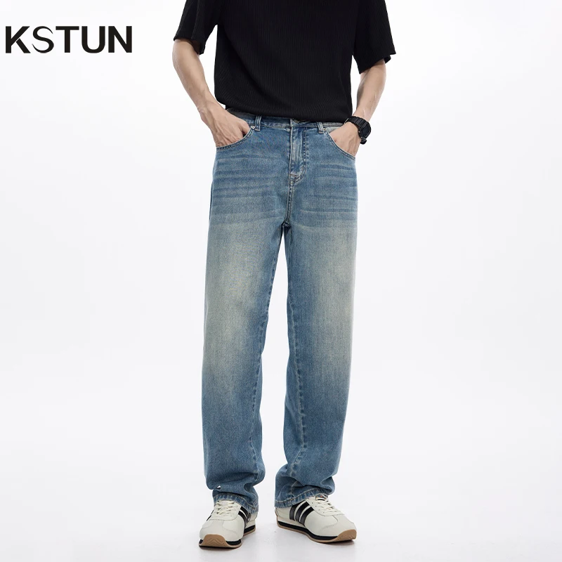 

KSTUN светло-голубые широкие джинсы мужские прямые свободные эластичные джинсы из лиоцелла мешковатые брюки повседневные мужские брюки весна-лето 2025