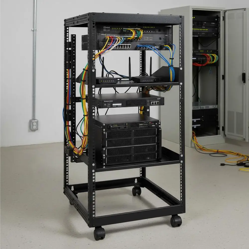 20U Open Frame Data Cabinet 23-40in Adjustable Depth For Server Room Office Studio, Free Standing Wall Mount 4 Post Design Wi