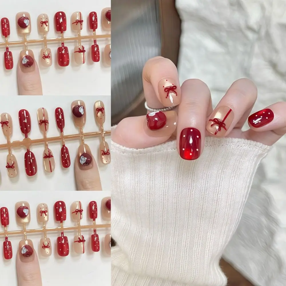 30 Pcs/Set Fake Nail Tips Red Fruit Bow Pattern False Nails Polka Dots Matte Temperament Extended Nail Extensions Nail Art DIY