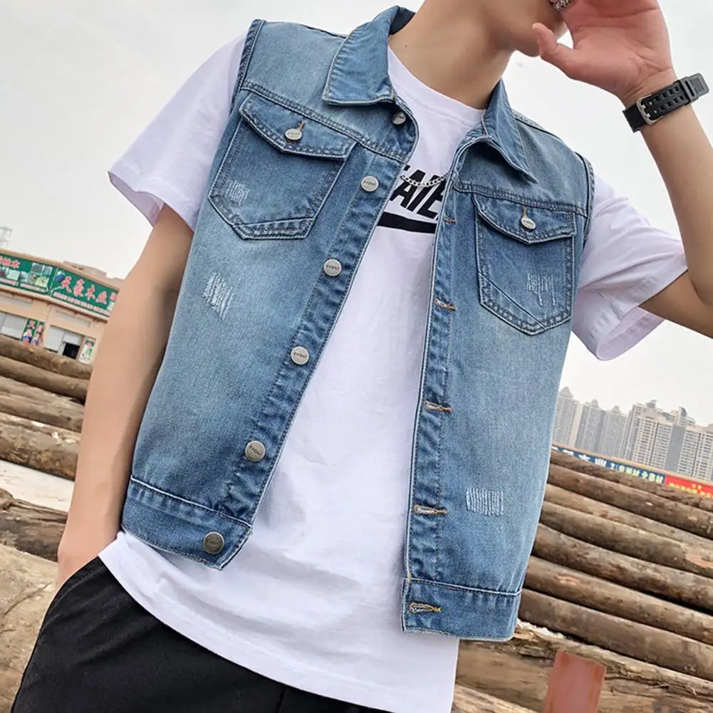 Men Lapel Sleeveless Denim Jacket Ripped Holes Pockets Single Breasted Washed Loose Fit Casual Waistcoat Sleeveless Denim Jacket
