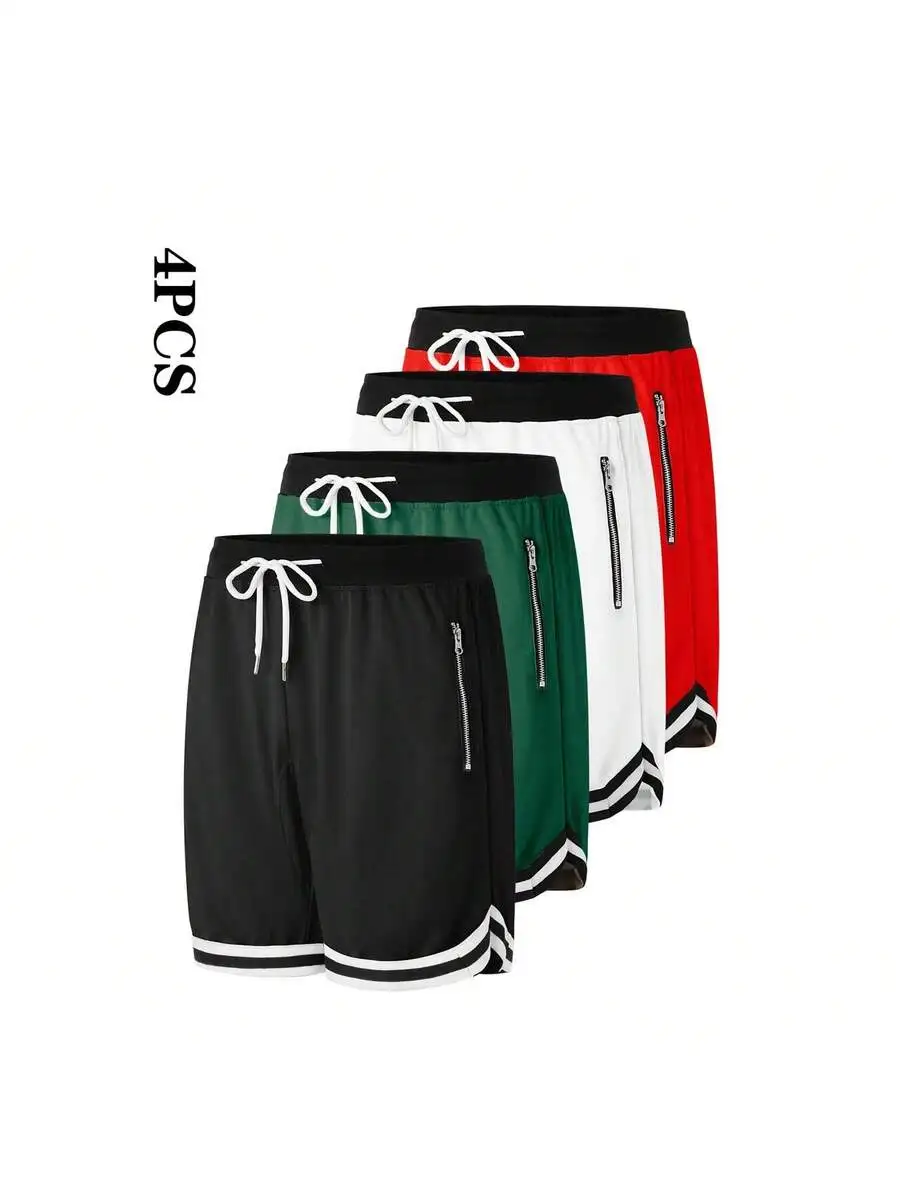 4-Piece Men's Casual Sports Shorts, Basketball Pants With Zippered Pockets And Drawstring Waistband