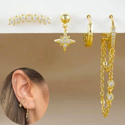 4PCS Sets New Arrival Stainless Steel Double Chains Long Tassel Hoop Earrings For Women Tragus Helix Cartilage Piercing Earring