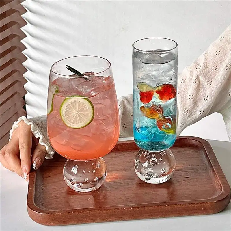 

High Appearance Bubble Glass Straight Cup with Ball Holder, Coffee Milk Cup, Bubble Bottom Beer,Champagne Juice Cup Wine Glasses