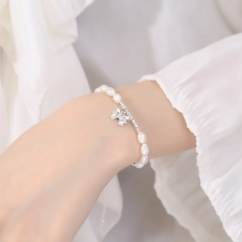 925 Sterling Silver Bow Pearl Broken Silver Bracelet 16+5.5cm For Women Luxury Niche Design Fashion Jewelry Party Wedding Gifts