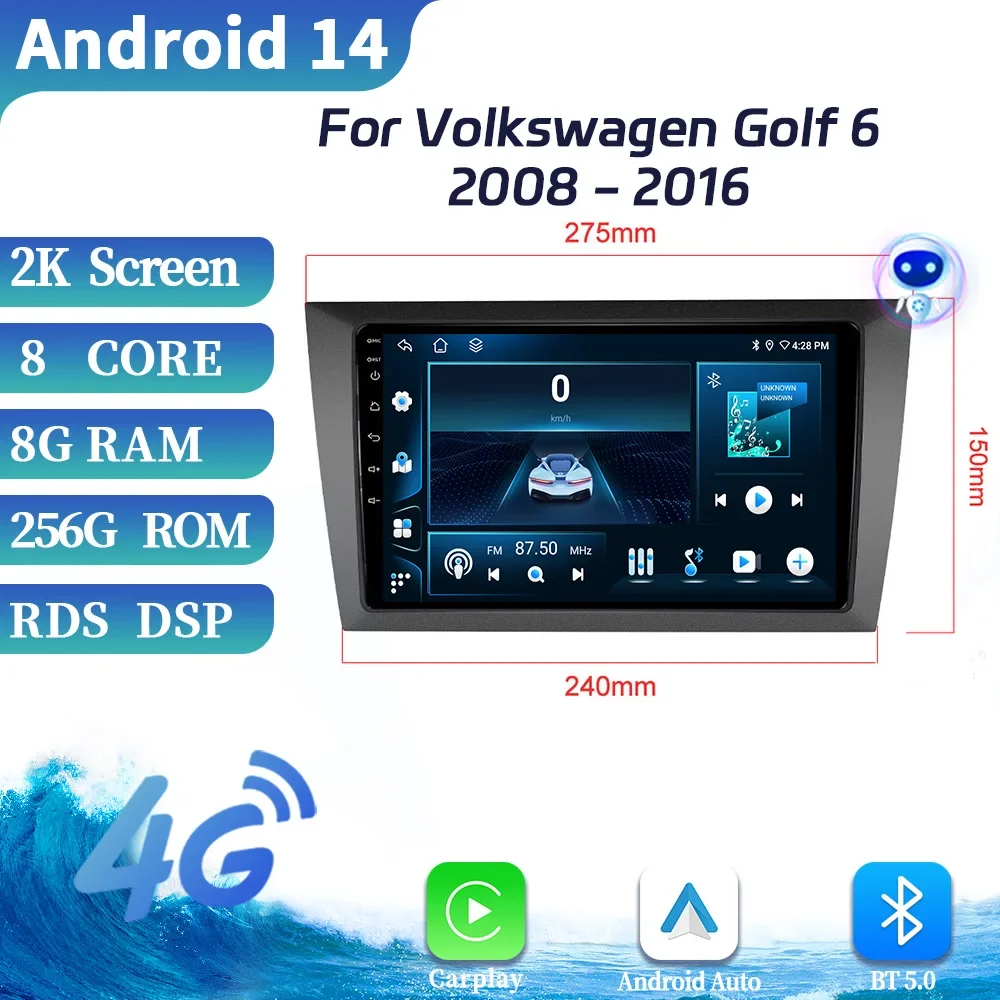 Android OS สําหรับ Volkswagen Golf 6 2008-2016 รถวิทยุมัลติมีเดียอัจฉริยะ 4G GPS ไร้สาย Apple BT CarPlay หน้าจอสัมผัสสเตอริโอ