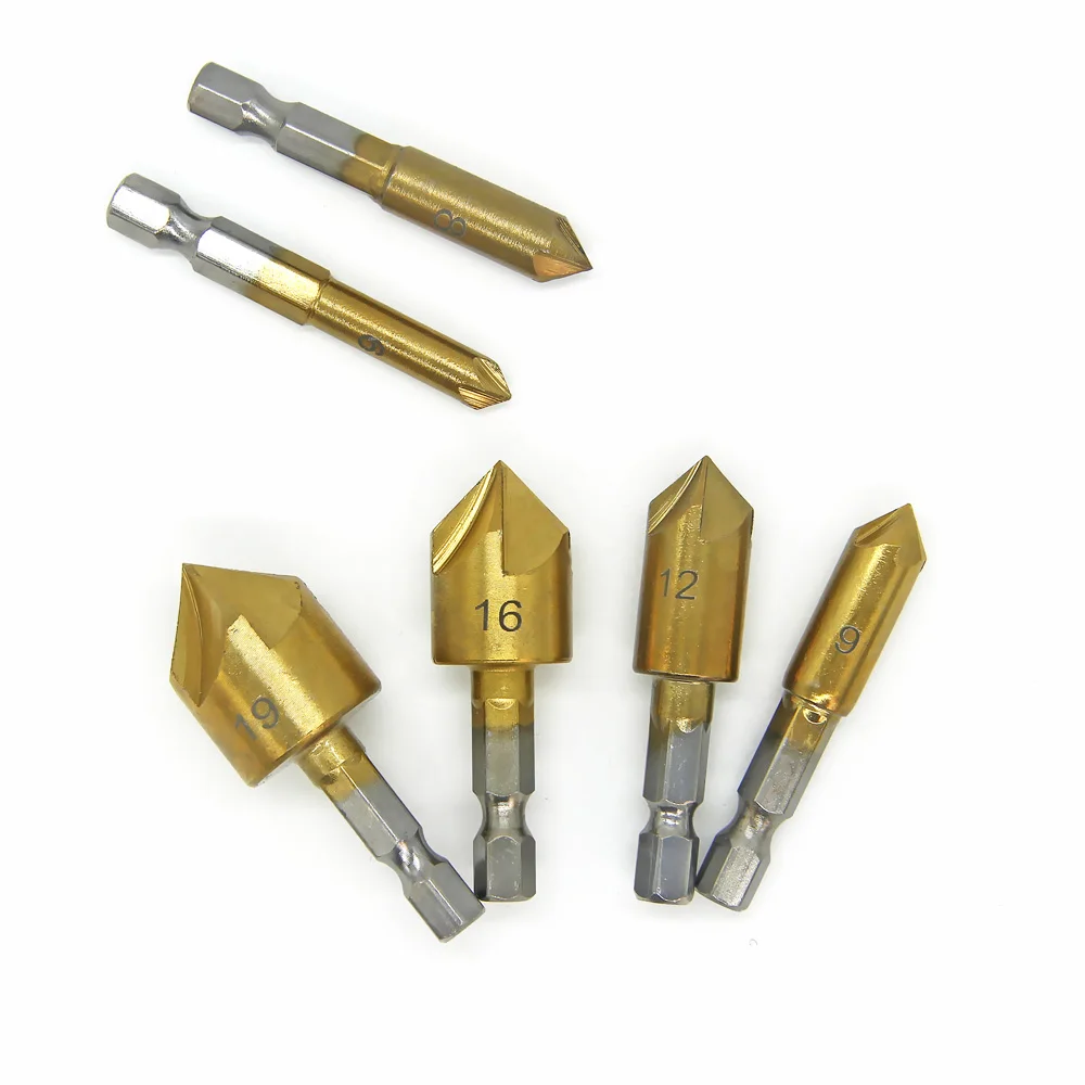 3/6pcs Countersink Drill Bit Set 1/4\'\' Hex Shank HSS 5 Flute Countersink 90 Degree Wood Chamfering Cutter 6mm-19mm Wood Drilling