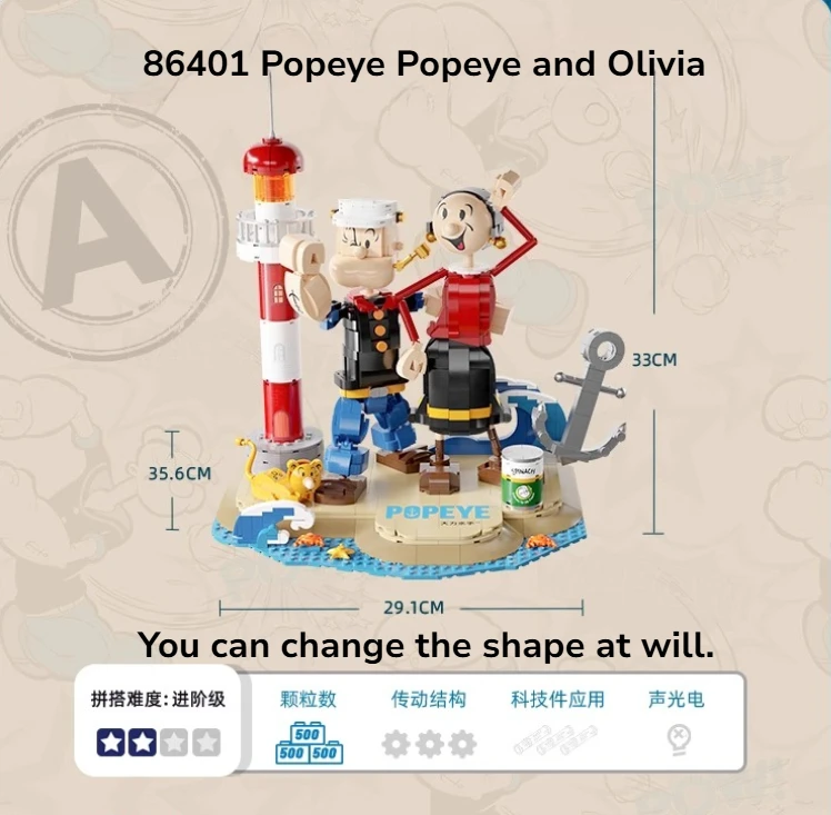 Popeye Olivia Puzzle Building Block Toy Collezione di personaggi di film di cartoni animati Modello Decorazione desktop Assemblaggio Regalo per bambini