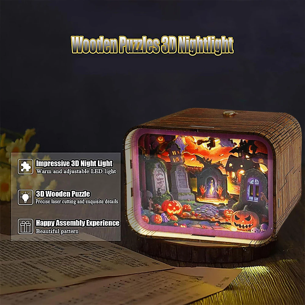 DIY Halloween 3D Wooden Book Nook Kit with LED Lights, Spooky Miniature Haunted House Model, Halloween Decor - Image 5