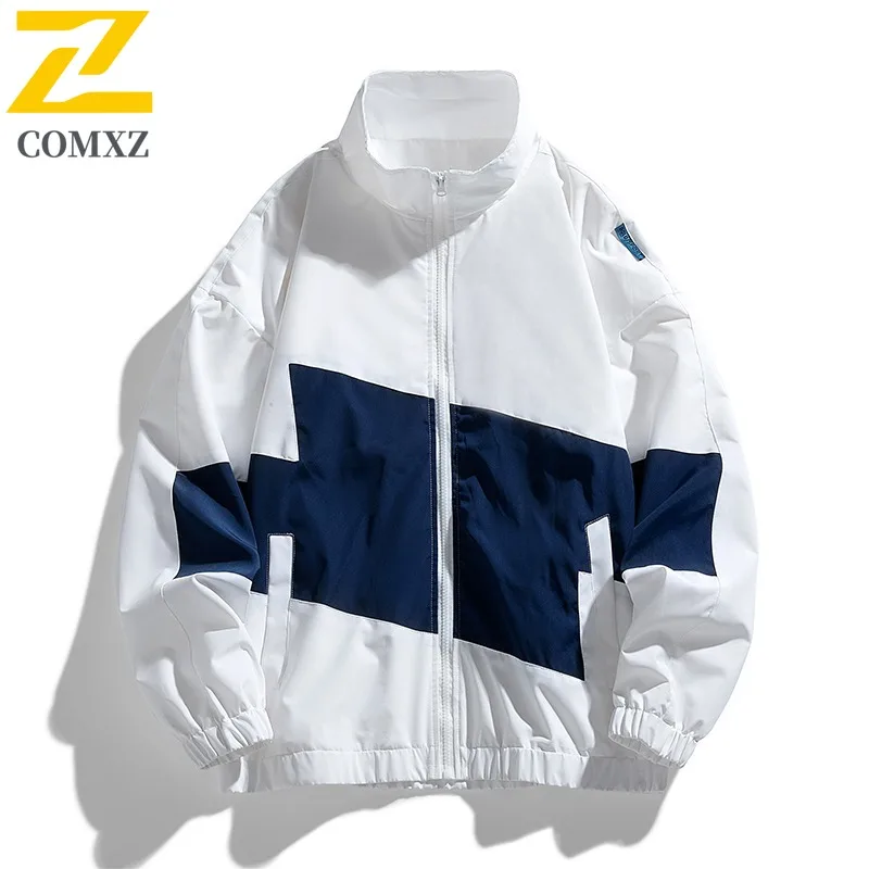 

COMXZ Men Jacket Patchwork Design Outdoor Cycling Windproof Lightweight Windbreaker Street Fashion Comfort Spring Autumn Coat