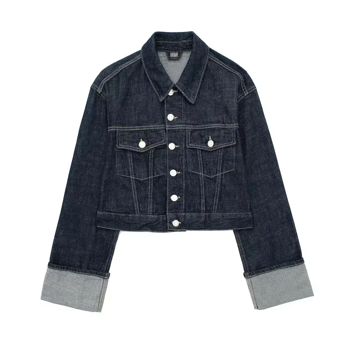 HH Damesmode Denim Set Casual Revers Lange Mouw Crop Jas Knoppen Vrouwelijke Vintage Wijde Pijpen Losse Jeans Lange Broek
