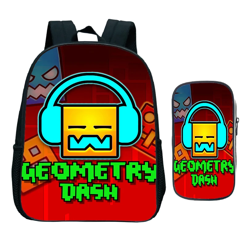 Mochila infantil Angry Geometry Dash para crianças, Bolsa de caneta para meninos e meninas, Mochila Softback, Bolsa de jardim de infância, 2pcs