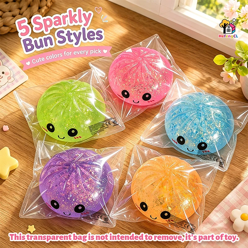 1PC Random Color Sparkly Bun Squishy Toy, Cute Food Shape Squeeze Toy, Soft Sensory Interactive Toy for Kids, Fun Hand Pressing Novelty Toy, Birthday Party Favor, Classroom Reward, Halloween, Christmas & Holiday Gift