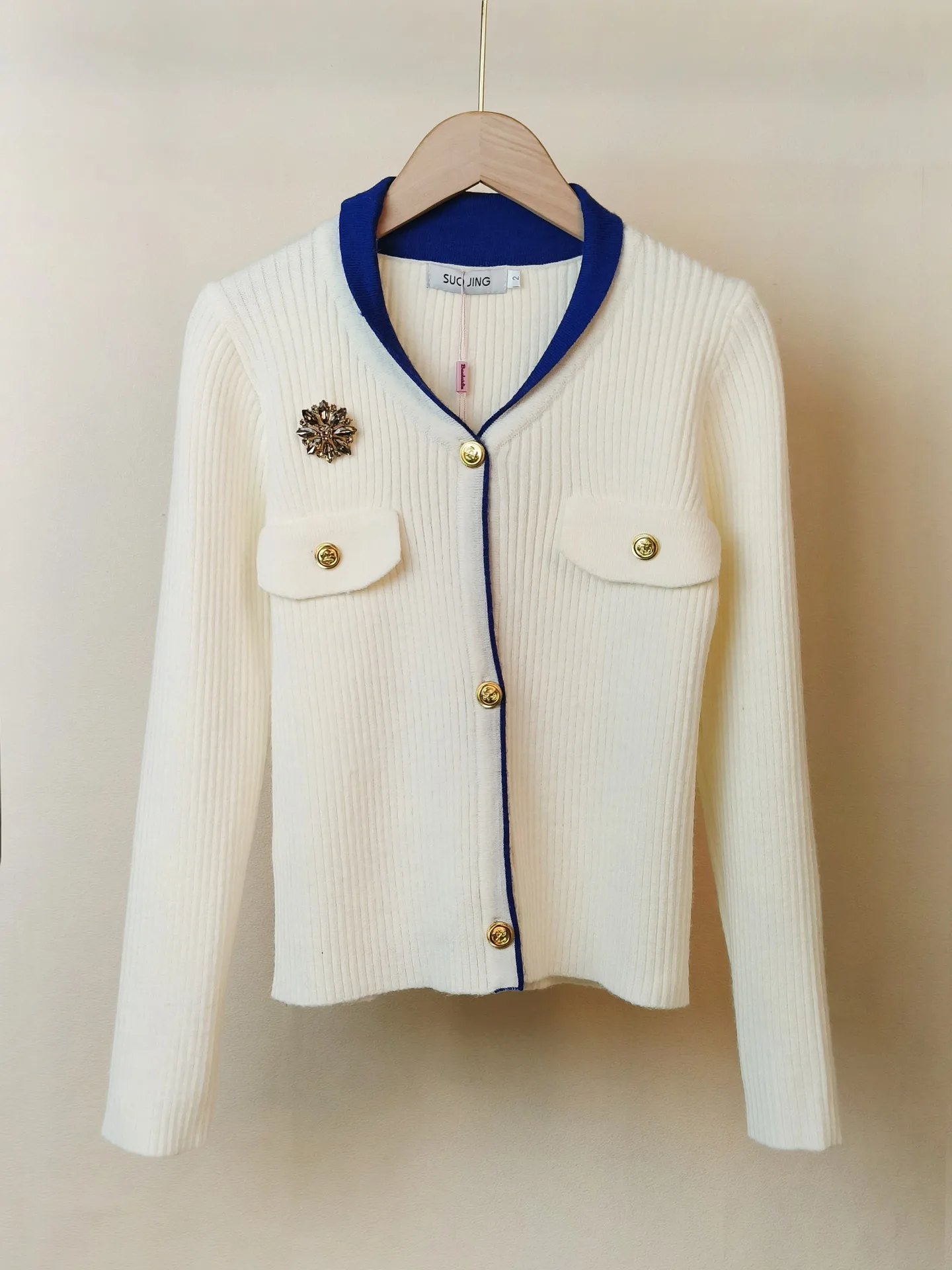 

Ele Белый вязаный свитер, женский внутренний свитер, модный для поездок на работу, облегающий крой, длинный свеч, V-Ne, полиэфирное волокно