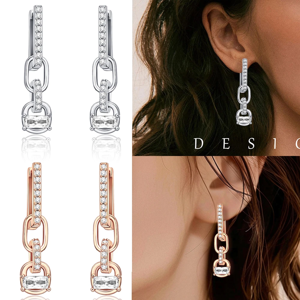 

Authentic 925 Sterling Silver Sparkling Pavé Zircon Rectangular Hoop Earrings For Women Romantic Rose Gold Earrings Matching