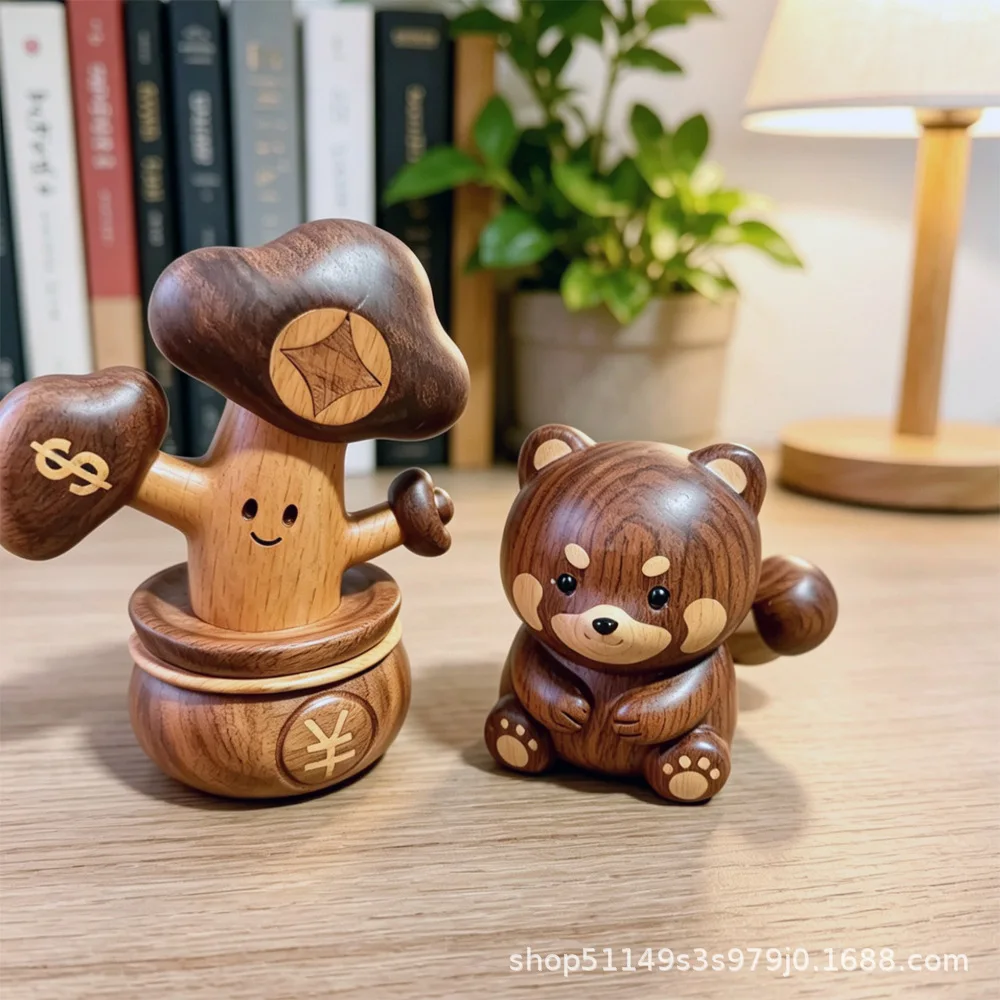 Solid Wood Money Tree Lion Raccoon Figurine Black Walnut Hand‑Carved Healing Home Desktop Decor Craft Ornament