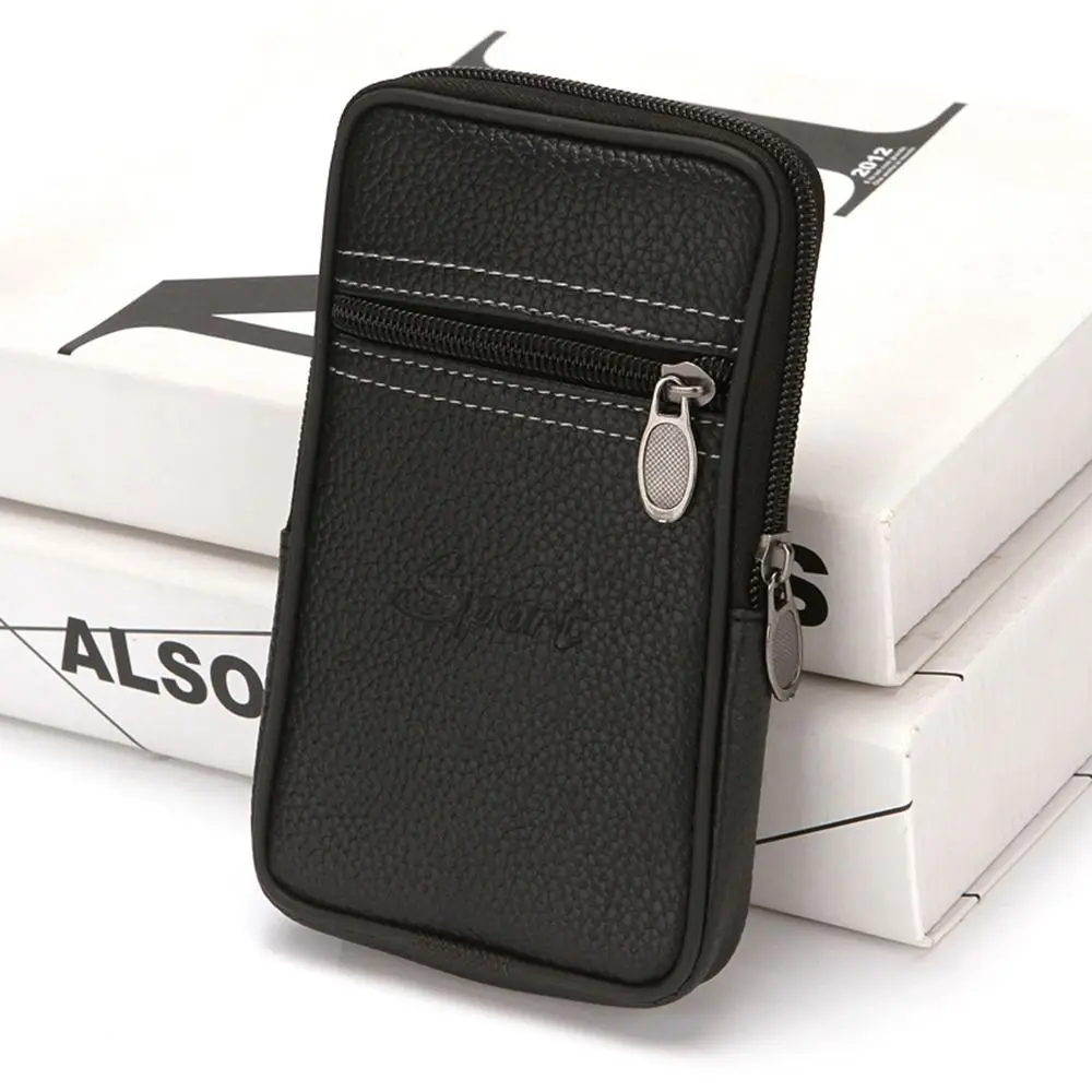 Durable PU Leather Man Belt Pouch Zipper Multiple Layers Phone Waist Bag 6.5inch Modern Phone Case Men's